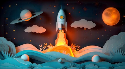 Wall Mural - dreamy space journey illustration with a friendly rocket, ideal for creative wallpapers and educatio
