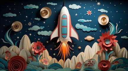 Wall Mural - rocket ascending amongst stars and planets in soft pastels, a delightful backdrop for nurseries and 