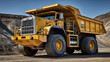 Massive yellow mining truck in operation at a rocky quarry under clear skies.
