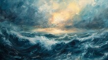 Oil Paint, Stormy Seas, Tumultuous Blues And Whites, Sunset, Wide Lens, Churning Waves. 