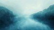 Calm lake oil paint effect, cool blues, misty morning, aerial view, soft focus. 