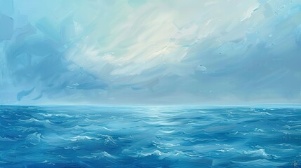  Calm ocean abstract, oil paint, soothing blues, twilight, panoramic view. 