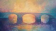Oil painting, abstract bridges, soft pastels, dusk light, low angle, serene.
