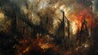 Abstract, oil painted, Gothic architecture, dark hues, stormy sky, mid-angle. 