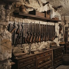 Wall Mural - An ancient armory filled with a collection of swords, daggers, and other medieval weapons displayed on stone walls