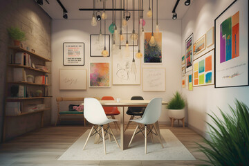 Wall Mural - Cultivate your creativity in a Nordic-inspired nook adorned with chrs of various colors, positioned around a central table, while an empty canvas on the wall sparks inspiration and imagination 