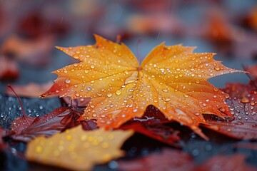 Wall Mural - Close up of fallen leaves on ground in autumn covered in raindrops