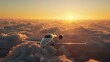 Aerial Perspective: Take an aerial shot from another aircraft or a drone, showcasing the private jet flying gracefully above the clouds, with the sun setting in the distance. Generative AI