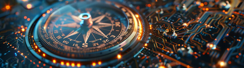 elegant compass overlay on futuristic circuit board for tech guidance concepts, wide banner.