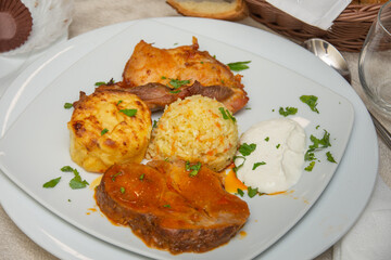 Sticker - barbecue with chicken meat, fried potatoes and rice