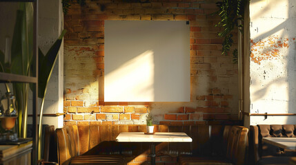 Wall Mural - A cozy corner in a cafe with an empty canvas adorning the wall, illuminated by sunshine white light, creating a warm and inviting ambiance where patrons can relax.