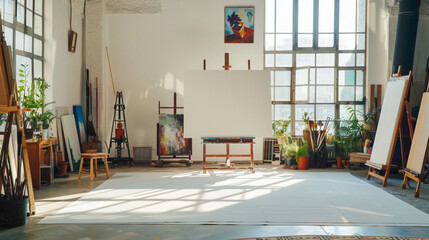 Wall Mural - A chic art studio with an empty canvas wting to be filled with creative inspiration, surrounded by walls pnted in sunshine white, providing the perfect backdrop for artists .