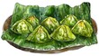 Handdrawn Watercolor of Thai Green Bean Dumplings in Coconut Milk