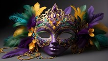A Vibrant Mardi Gras Mask Adorned With Intricate Details And Embellishments, Set Against A Festive Backdrop. The Mask Features A Kaleidoscope Of Colors, Including Rich Purples, Greens, And Golds, With