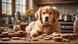 Golden retriever with red collar finds itself in predicament, surrounded by scattered cookies on wooden floor of well-lit kitchen. Gaze of golden retriever fixed intently, display of curiosity.