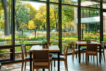 Dining Area in a Nursing Home With Tables Set Near Windows Overlooking the Garden