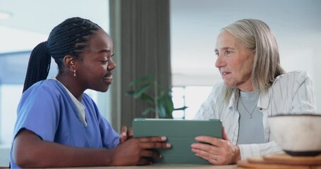 Canvas Print - Senior woman, tablet and medical info with happy caregiver with cardiovascular consultation. Tech, digital and nurse with online exam results in conversation and discussion of health and wellness