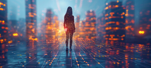 Aufkleber - Internet network connection, big data, digital marketing nternet of things. Woman using mobile phone and laptop computer surfing internet, innovative technology, Digital technology,