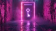 Neon purple keyhole symbol of security and light in the dark, embodying concepts of safety and information online