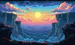 Pixel art of a retro video game level with a sky and mountain, illustration wallpaper