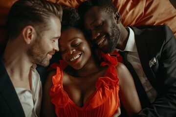 The concept of a threesome. A woman and two men in love. An African woman in a red dress and two men in suits in the same bed. Polygamy or bigamy.