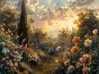 The painting depicts a tranquil, lush garden path surrounded by an abundance of blooming flowers, a sunset in the distance. Mother's Day, banner, postcard, poster, background