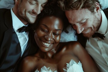 The concept of a threesome. A woman and two men in love. An African woman in a wedding dress and two men in suits in the same bed. Polygamy or bigamy.