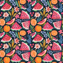 A Vibrant Pattern Featuring Watermelon, Oranges And Blueberries In Bold Colors On A Dark Background, Creating An Exotic Summer Vibe With Flowers