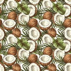 A seamless pattern of coconut, with leaves and coconuts, vector illustration in the style of a tropical color palette, closeup shot
