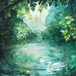 Capture the essence of mental clarity through a serene, tranquil watercolor painting depicting a clear, reflective lake surrounded by lush, green foliage