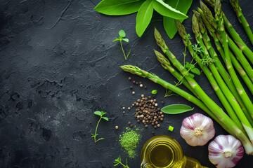 Cooking food and healthy eating with fresh green ingredients asparagus, leaves, garlic and peppercorns on dark background with space for text or inscriptions, top view
