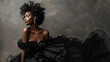 A serene black woman gazes into the distance her elegant black gown cascading around her. With a soft smile and pose she exudes a desire and luxurious allure. .