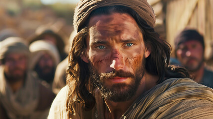 Jesus Christ with bruised face and headscarf, people in background