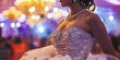 Young latina teenage girl attending her quinceanera in a gown and crown. 15th birthday celebration