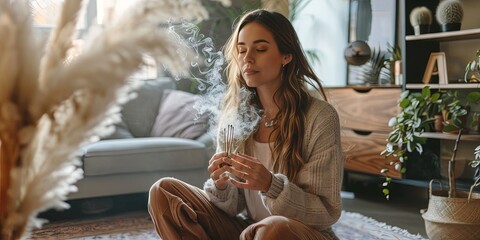 photo of woman using smudge stick in living room 