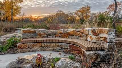 Wall Mural - A stone bench with a view of the trees and the sky. The bench is surrounded by rocks and has a wooden back