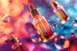 Bottles of CBD oil dynamically fly on a bright background with drops. Layout, template for design. CBD oil concept