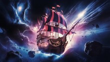 Fantastical Pirate Ship Sailing Cosmic Seas