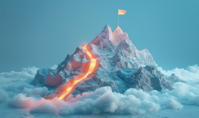 Wall Mural - A mountain with a lava flow and a flag on top