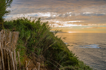 Wall Mural - Cliff trail with reed fence and wild vegetation with sunset on the horizon at sea in Lomba da Maia, São Miguel - Azores PORTUGAL