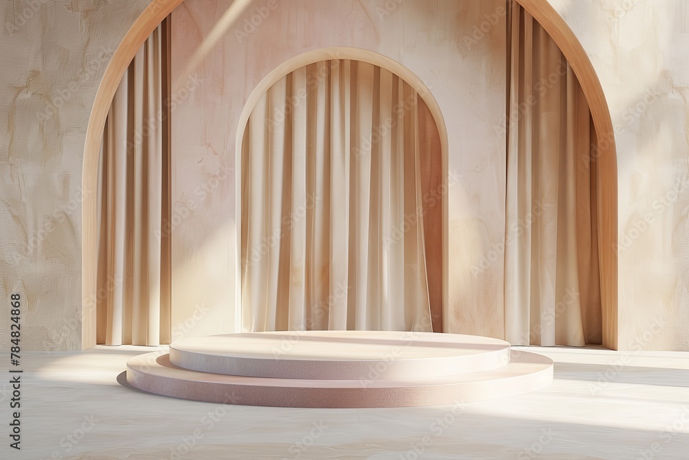 White Circular Stage With Wooden Arch Stock Illustration | Adobe Stock