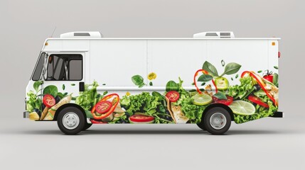 Wall Mural - Blank mockup of a minimalist food truck wrap with a clean design and images of healthy salads and wraps. .