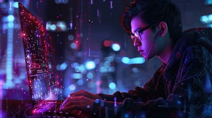 Wall Mural - Internet network security concept with young man in the night