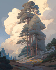 Wall Mural - Beautiful pine tree at sunset in the mountains