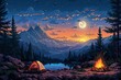 Capture the essence of wilderness camping with a modern twist! Utilize pixel art techniques to craft a vibrant frontal view Incorporate pop art elements and strategically place symbols of financial tr
