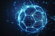 digital hologram soccer ball  with glowing data streams, ai in sports analytics, player performance tracking systems, match prediction algorithms, and training programs for soccer players.