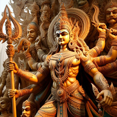 The Majestic Massive Idol Figure of a Warrior with Strong Arms and Bodybuilder Body, Demigod or Human Like Lord King God from the Hindu Indian Festival of Solar Light Glow.  Joy Love & Dancing Victory