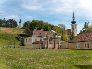 Heiligenkreuz, Austria - April 14, 2024: overall view on the details of exterior and interior of the Stift Heiligenkreuz abbey