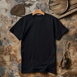 the front of a black tshirt mockup, bg is brownish studio setting,generative ai