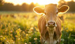 A cow standing in a lush, green pasture bathed in the golden glow of sunrise,generative ai